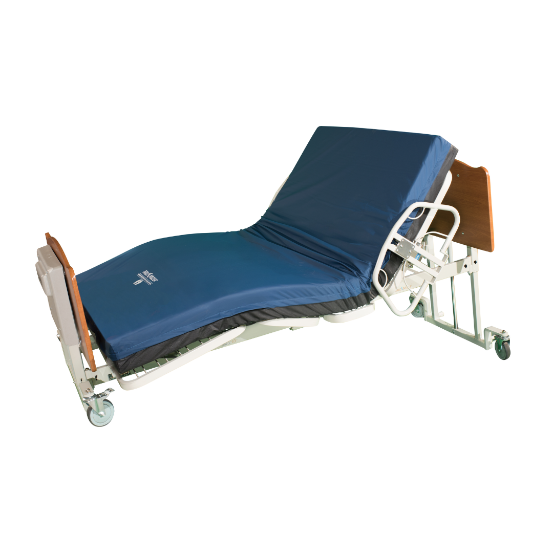 The Med-Mizer EX8000 ComfortWide Bariatric Width Adjusting Electric Bed, featuring a blue mattress, adjustable backrest, side rails, wood head/footboards, and wheels for mobility, is displayed against a white background—offering comfort and convenience for patients.